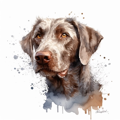 cute Slovakian Rough-haired Pointer dog portrait, full face, centered shot, side shot, dynamically posed, in action, playful mood, happy mood, playing mood, cute face, adorable smile, childlike eyes, clean watercolor illustration, white background, nursery baby imagery, painting, detailed, 8k, PNG, clipart,