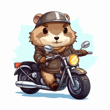 Create a clipart of a cute groundhog wearing a leather jacket and riding a motorcycle. Kawaii. White Background, soft lighting.