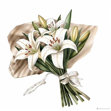 a casablanca lily bouquet wrapped in vintage wrapping paper, digital watercolor illustration, white background clipart