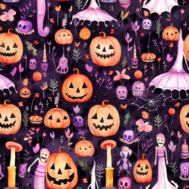 ultra beautiful halloween, witch, spider, web, bat clipart, seamless pattern, ornamental pink, black, orange, purple watercolor,