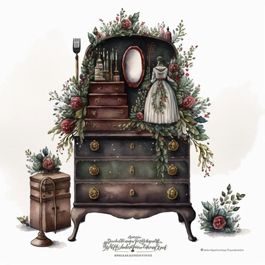 dark academia, christmas dresser, fairytale, folk art, watercolor, white background, clipart