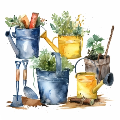 Watercolor illustration of a set of water bucket, watering can, scoop, broom, tree branch, rake, flower pot. Hand-drawn with watercolors and is suitable for all types of design and printing. Clip art