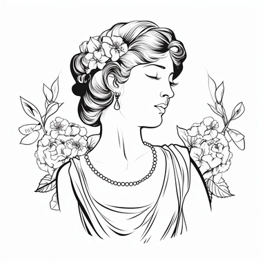 buste aphrodite, branche, flower, necklace, jewerly logo brand, simple line art, bold black line, black and white, clipart