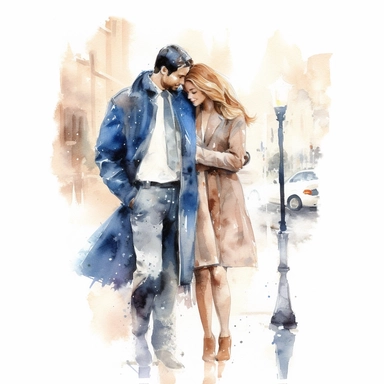 Watercolor drawing of beautiful dreamy French happy couple on the street, watercolor clipart, white background, isolated on white, 8k, watercolor style