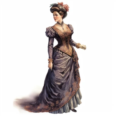 A Victorian lady in a victorian outfit. Her poised expression and magnetic gaze draw you into her world of Victorian splendor. Against a white background, the intricate details of her attire, including the flowing silhouette and intricate drapery, are depicted with exceptional detail and lifelike realism. Clipart, watercolor, white background, intricate detail, unreal engine cinematic smooth