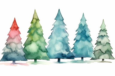 cute christmas trees, cute trees, cute clip art, in the style of watercolorist, light red and dark aquamarine, light yellow and dark green, cranberrycore, unique and one-of-a-kind pieces, subtle use of shading, christcore