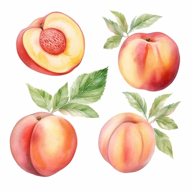 Trendy watercolor clipart featuring delicate peaches painted in soft pastel tones, accompanied by five ripe peaches in the picture. The watercolor medium brings out the ethereal beauty of the peach, with intricate brushstrokes capturing their graceful and intricate details. The peaches add a touch of vibrant color and visual interest to the composition. The trendy design incorporates a modern color palette, blending subtle and harmonious shades to create a visually appealing and stylish artwork.