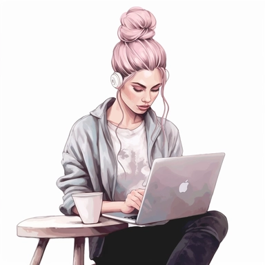 fashion illustration cute woman with hair in a bun working on a laptop with pastel long hair full body clipart