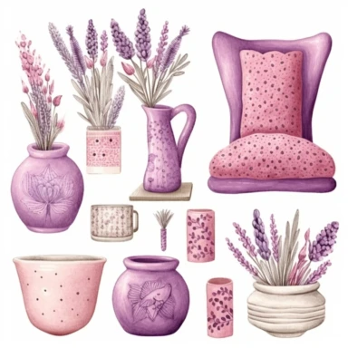 watercolor home decor items, vase, pillow, wall frame with lavender flowers, in the style of hot pink, lavender and beige colors, intricate illustrations, primitivist elements, dotted, pencil texture, vivid color palette, Clipart Collection, objects isolated on white background