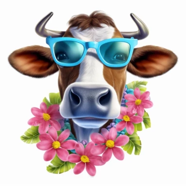 A cow wearing sunglasses and a Hawaiian lei, enjoying a tropical vacation clipart