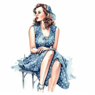 watercolor, hyper realistic, white background, white margins, 16k, ultra detailed clipart, cut out image, hand-drawn, whimsical a pretty lady wear a vintage-inspired polka dot dress with a sweetheart neckline, reminiscent of the classic summer style.
