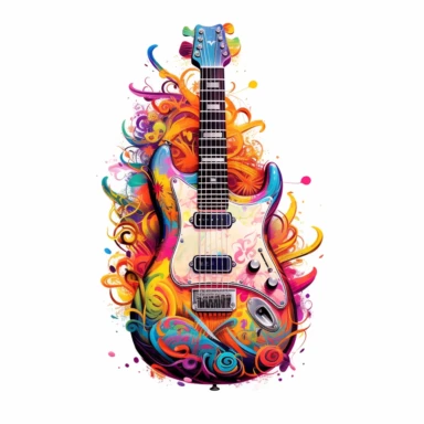 Against a white background, a clip art image showcases a meticulously detailed depiction of a guitar, adorned with vibrant and colorful elements. The guitar takes center stage, with its body and strings intricately illustrated to capture its essence. The body of the guitar features a vibrant burst of colors, blending seamlessly from one shade to another, evoking a sense of energy and creativity. Music notes, represented by a variety of shapes and sizes, dance playfully around the guitar, symboli