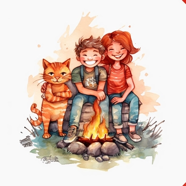 Watercolor group of friends three four people camping bbq cat smile png Full body realistic cartoon 32k UHD cute. 15 cm thick outline. Black color. There was no shadow on the ground. with realistic watercolors and detailed illustrations. Cartoon, PNG clipart, transparent white background