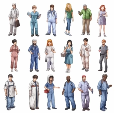 watercolor, a large set of characters, people in medical clothes, a doctor, a surgeon, a nurse, a medical assistant, patients, paramedic png Full body realistic cartoon in 32K UHD cute. 15 cm thick outline. Black color. There was no shadow on the ground. 8k with realistic watercolors and detailed illustrations. PNG clipart, transparent white background