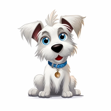 a small white scotish terrier dog, disney style cartoon dog with large eyes, in the style of animated gifs, pet portrait, in the style of disney animation, in the style of animated gifs, Disney films, cartoon style, clipart, white background
