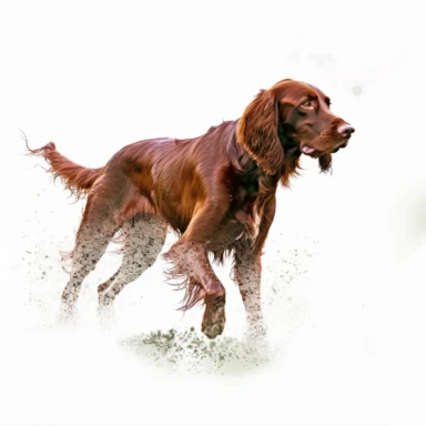 watercolor, irish setter pointing, hunting dog, clip art , 4K, high resolution, hyperrealistic, splatter, solid white background