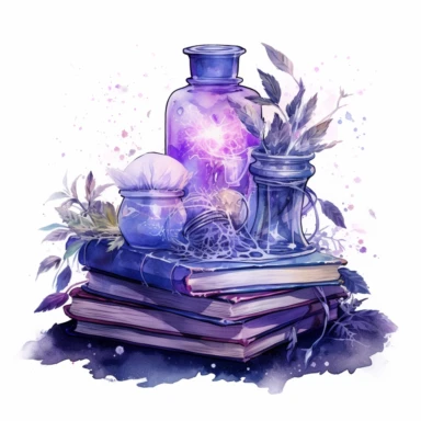 Spellbook, in the style of light silver and violet, mysterious and dreamlike scenes, realistic painted still lifes, vibrant watercolors, dreamlike installations, witchy academia, contest winner, watercolor clipart