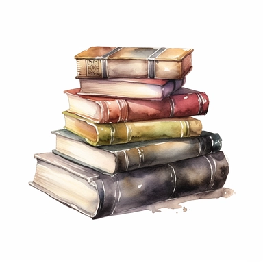 a watercolor of a realistic library stacked books, victorian style, vector free clipart illustration, in the style of unreal engine 5, 32k uhd, detailed features, white background