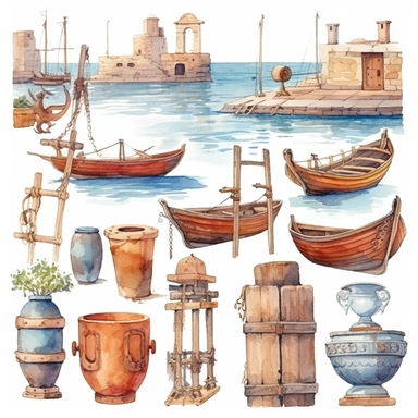 Watercolor roman harbour and ship and amphoras , illustrations clipart set, simple, , cartoon elements, different variants , iron elements, wooden elements, earthenware elements, separate elements with a margin