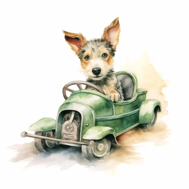 a dog driving a green racing car, watercolour, clipart, white background