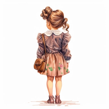 back view retro whimsical adorable little fashion girl dressed in Gucci style, full body, pastel colors, clipart style, accurate details, oil painting technique, super high quality, professional watercolor clipart, high resolution