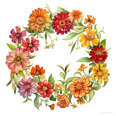 Watercolor Painting of beautiful multi - headed Zinnia Wreath FLOWERS on white background DETAILED ILUSTRATION, Flora Design Patterns, Flemish Baroque by Rachel Ruysch, Behance, Rococo, Intricate Detailed, Soft Light Effect, Oil Paint Strokes, Light Academia Aesthetic Flowers, Lighting cinematic, all shown shimmering stamens, tyndall light, texture, colorful, 8k, fantasy, ray tracing, vivid, spectacular lighting, octane rendering, highly detailed, ultra - realistic, white background, clipart