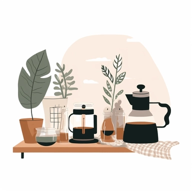 in clipart style, A minimalist, bohemian-inspired scene against a clean white backdrop. The main elements of the scene are a selection of coffee-making essentials: a vintage percolator, a simple French press, a Chemex pour-over glass, Add a few bags of coffee beans, The design should focus on the beauty of these elements without additional clutter, creating an aesthetic that celebrates coffee in its simplest, most authentic form.