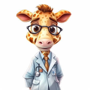 cute Giraffe character wearing doctor clothes and doctor element with happy face,front facing on isolated background,with happy face and expression,Animal Sublimation Clipart,no splash watercolor,white background, ultra detailed clipart, cut out image, colorful watercolor realistic, cartoon style, ultra HD, sharp and clean art