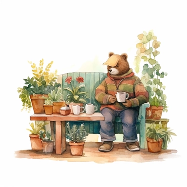 a cozy watercolor clipart image with a white background, featuring a contented bear gardener sitting on a garden bench, surrounded by potted plants and enjoying a cup of tea.