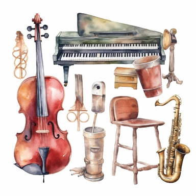 watercolor musical instruments separate clipart, include piano, quitar, flute, saxophone, and old discs. high resolution and on white background
