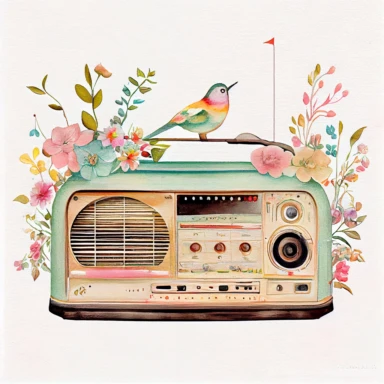 Vintage old radio ( a little floral, bird on radio) pastel rainbow watercolor clipart