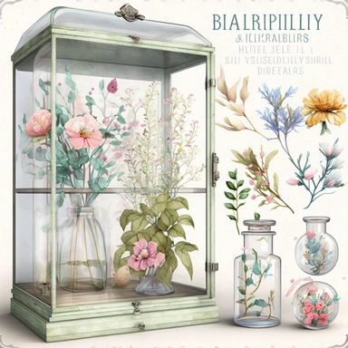 ultra quality details, a glass cabinet with glass containers, watercolor pastel palette, botanical precision, flowers, clipart