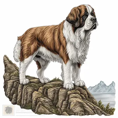 an embroidery design of a st Bernard dog standing on a cliff, coast of newfoundland, white background, highly detailed, clipart