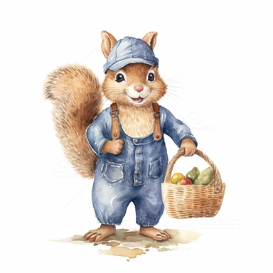 An anthropomorphic squirrel wearing a brown nut-patterned jumpsuit and a dark blue farmer's cap clipart,happy expression,Storing nuts in a little sack , standing dynamic pose, front side view, in the style of watercolor cartoon clipart, beatrix potter style, pixar style, high resolution, composition free space, pastel color scheme, soft and tender, watercolour clipart, watercolor illlustration for kids and children,isolated white background, clipart most popular on etsy, book illustration, featu