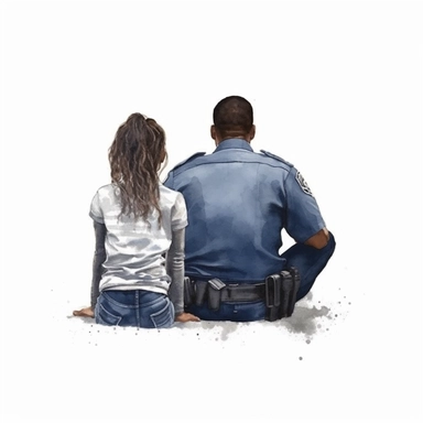Police officer Black Dad Sitting With Daughter Back View Full body Watercolor Sublimation Clipart, Cartoon, hyper realistic, intricate detail, illustration style, high solution, on the white background