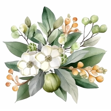 Autumn green Pumpkin, Fall Flower Bouquet, Green Leaves, Gray Eucalyptus Leaves, White Fruits, Watercolor, Clipart, Illustration, French Style, White Background
