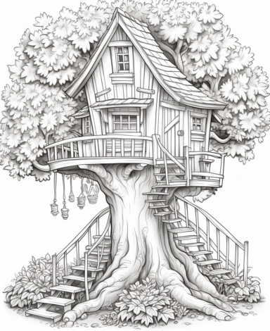 Coloring page for children, outlines only, no colors, black outlines, simple whimsical fantasy fairy tree house in a magical world setting, flowers, realistic stairs, cottagecore, clear picture, clear lines, entire illustration with white space around, clipart