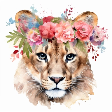 isolated clipart, cute big cat with flowers on its head, highly realistic, flickr, watercolorist, uhd image, multi-layered mixed media