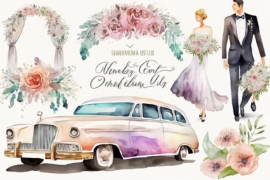 Watercolor clipart, Wedding car, limousine