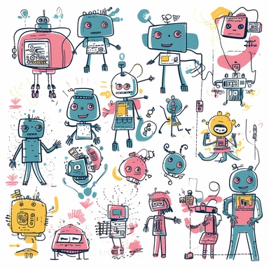 clipart collection of scribbles and illustrations of a group of generative AI bots featuring an author bot, a coding bot, an illustration bot, photographer bot and an assistant bot, all non-binary characters, professional web design, friendly, cool, modern web illustration, two-tone, cute, playful, helping