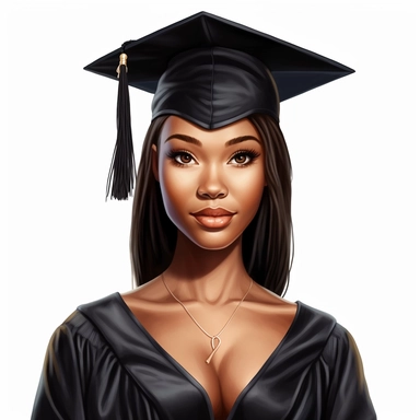 beautiful black queen graduate, clipart, straight hair, light skinned, wearing a black cap and black gown, white background