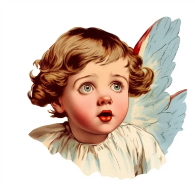 Vintage 1920 Portrait Shot View Of a Shocked child head with Angel Wings Behind it Illustration , in the style of late 19th century, Chromolithograph, 1920s Illustration, Vintage, Chromolithograph, Colorful, Antique, Ephemera, Clipart, 8k, Isolated on white