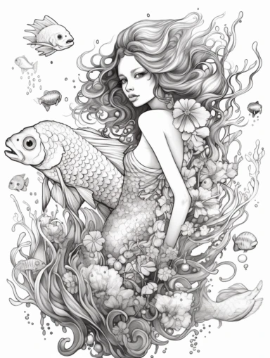 Coloring book, white background, black and white, clip art. Mermaid. Fish bottom, woman top with wings.