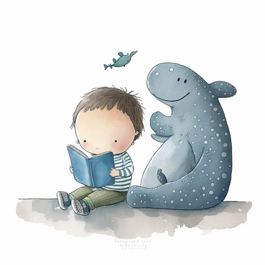 a cute drawing of a little boy reading a book sitting next to his cute little dinosaur wearing blue pyjamas holding a book, blank background, childrens book illustration, melancholy pastel art, children book illustration, childrenbook illustration, children’s book illustration, children's book illustration, inspired by nicoletta ceccoli, cute storybook illustration, illustration for children, by nicoletta ceccoli, wlop! muted colors, clipart style, png