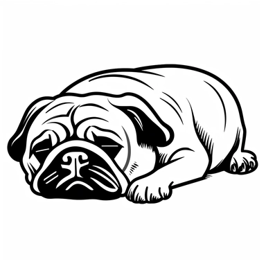 simple monochrome outline of a sleeping Pug dog, cute, clipart