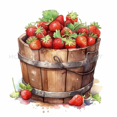 wooden bucket full of strawberries, detailed, watercolor, clipart, white background