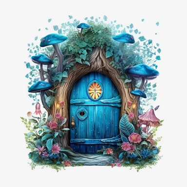 Watercolour beautiful azure blue realistic forest fairy door with realistic perfectly detailed forest leaves beautiful realistic details perfect forest fairy door magnificent details beautiful compelling realistic PNG image,ultra highly detailed, 18k, sharp focus, bright photo with vibrant colours digitally enhanced, enhanced graphics, straight, sharp focus, bright lighting, intricate detailed png image ,high definition,300dpi,graphic clipart,computer graphics