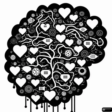 clipart of a brain full of hearts. Beautiful, flat, cute manga style, black and white, round image borders