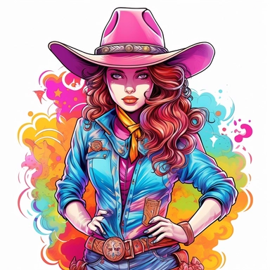 Cowgirl, style by Lisa Frank, watercolor, smooth gradients, black contour outline, ultra detailed, clipart elements, vibrant colors, solid white background, super clear, high quality