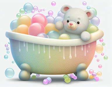 clipart image of white claw foot tub, cartoon little bear, with pastel rainbow bubbles, transparent background, logo, png, high quality, 4k,